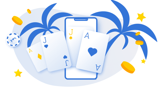 Caribbean Stud poker with cards, chips and palm trees